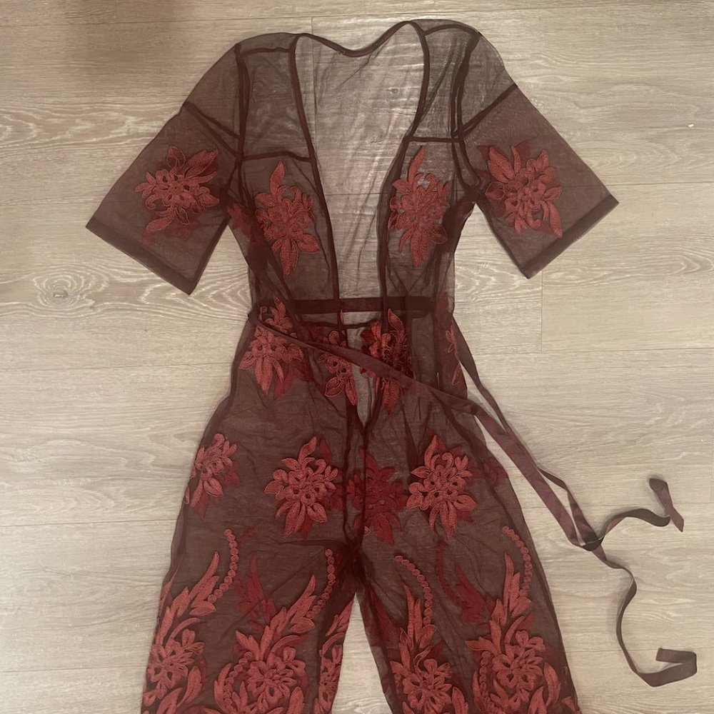 Sheer Wine Floral Appliqué Jumpsuit